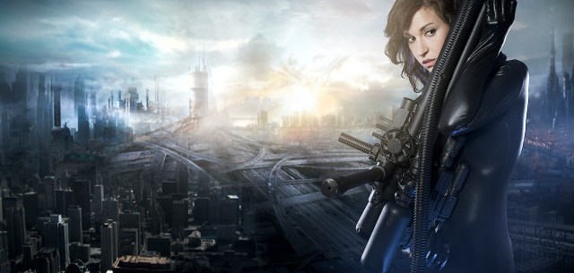 Future woman concept, black latex with neon lights over city ​​destroyed